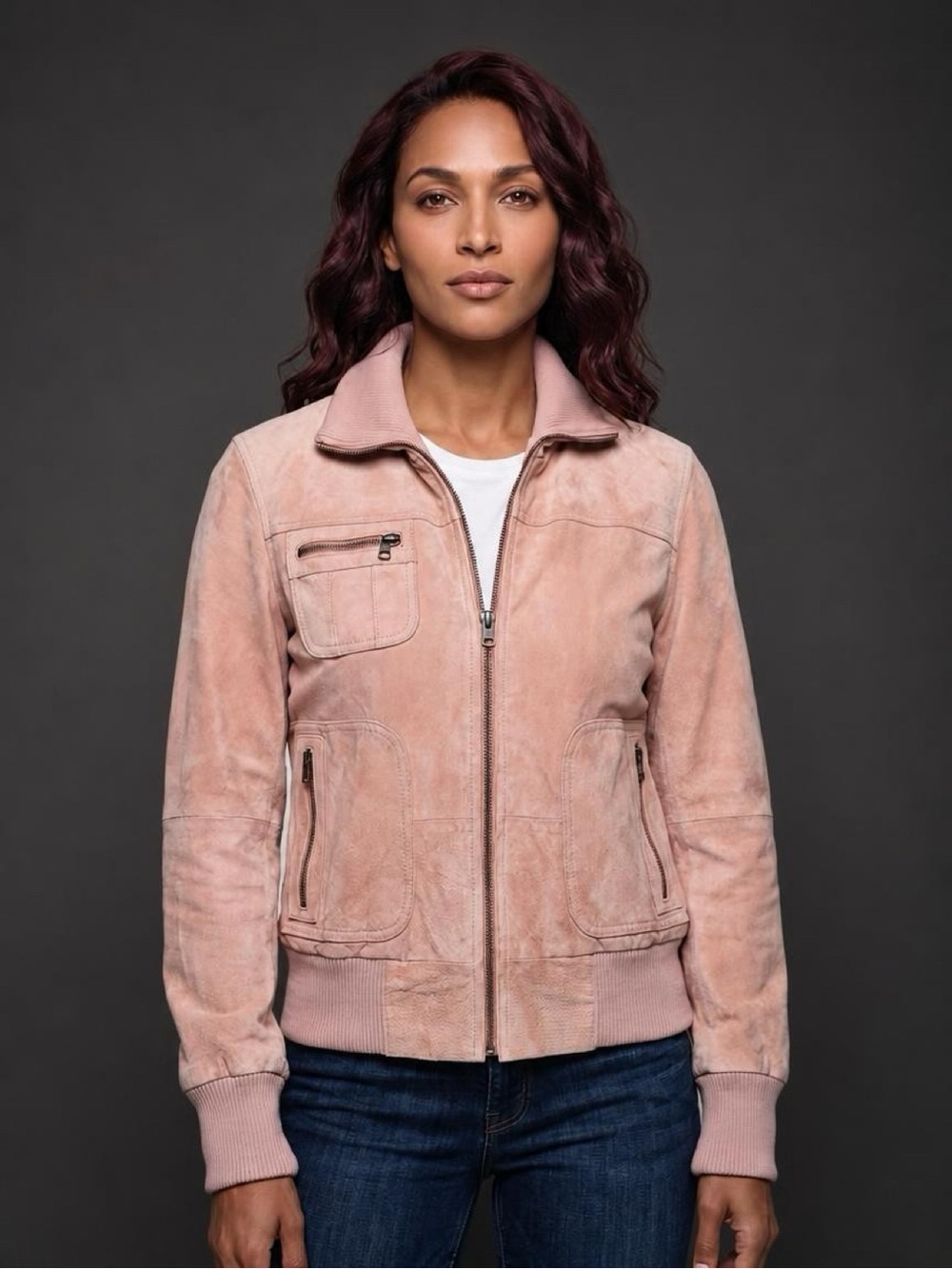 Suede Bomber Jacket in Pale Pink, medium